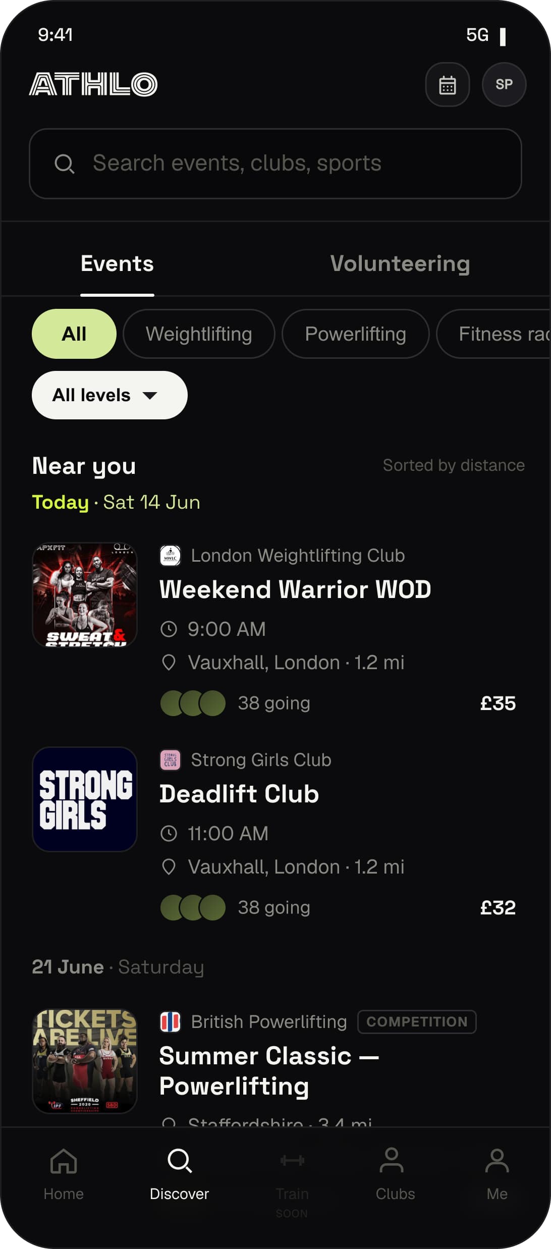 Athlo Club app screen showing nearby strength events, competitions and clubs, filterable by sport and level.