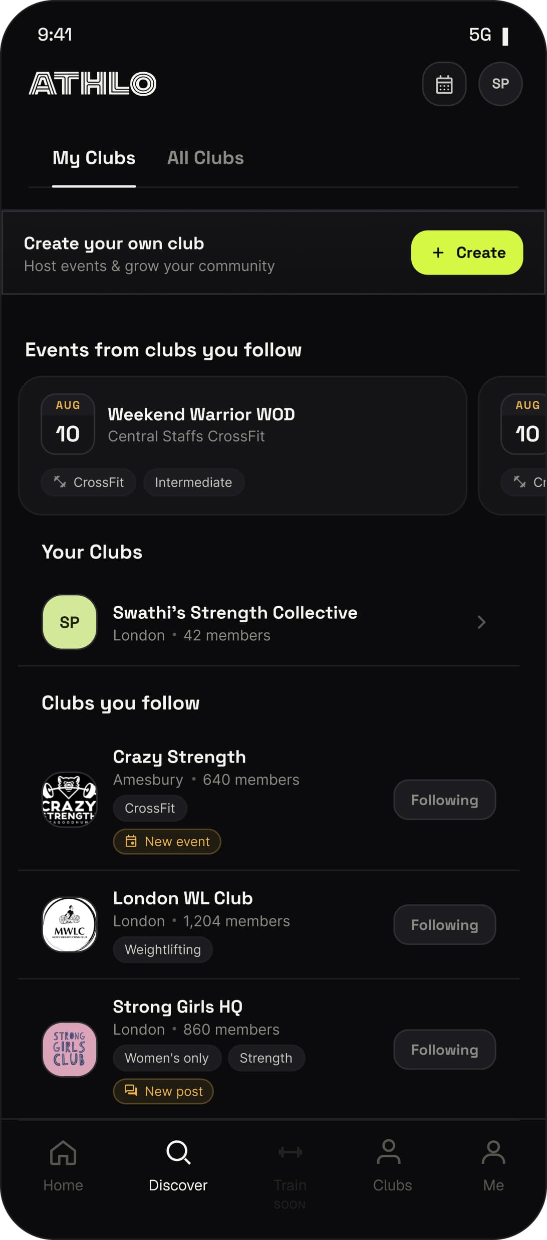 Athlo Club My Clubs screen showing a club the athlete created, and a list of followed clubs with member counts and new-activity notifications.