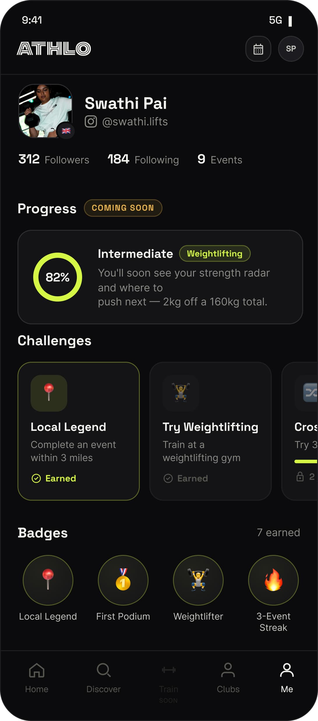 Athlo Club progress screen showing a strength profile percentage, earned challenges and badges.