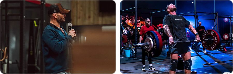 Tom Hunt speaking at a gym event, and a competitor lifting a barbell overhead at a strength competition